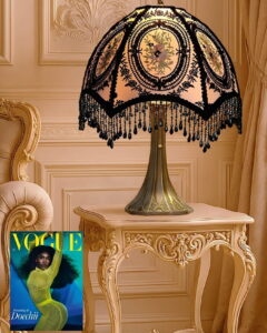 Victorian Midnight Rose lampshade with black lace, floral embroidery and beaded fringe